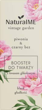 NaturalME Booster do twarzy z kwasem glikolowym, piwonią i czarnym bzem, beżowe opakowanie z kwiatami.