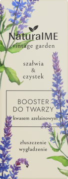 NaturalME booster do twarzy, beżowe opakowanie z kwiatami szałwii, kwas azelainowy, złuszczenie, wygładzenie.