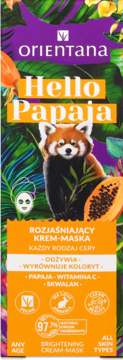 Orientana Hello Papaja Rozjaśniająca Krem-Maska, pionowe opakowanie z ilustracją pandy rudej i papai.