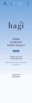 Hagi Krem Głęboko Nawilżający do cery suchej i normalnej, jasnoniebieskie opakowanie z napisem DZIEN, widok z przodu.