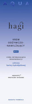 Hagi Aqua Krem Odżywczo-Nawilżający NOC z Aquaxyl i proteinami ryżowymi, niebieskie opakowanie.