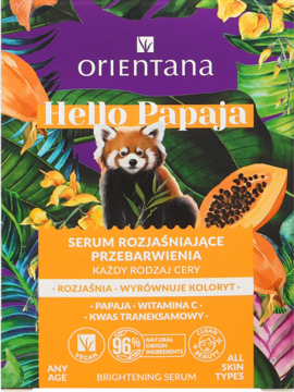 Front opakowania serum Orientana Hello Papaja, fioletowo-pomarańczowe, z pandą, papają i witaminą C.