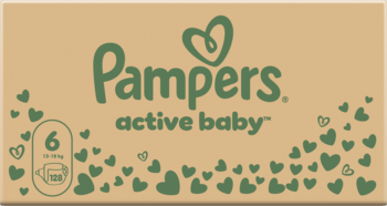 Opakowanie pieluch Pampers Active Baby 6 (128 szt.) na beżowym tle z zielonym logo i sercami, widok z przodu.
