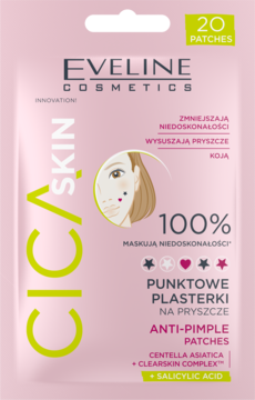 Eveline Cica Skin, różowe opakowanie 20 plasterków na pryszcze w kształcie gwiazd i serc z Centella Asiatica i Salicylic Acid.