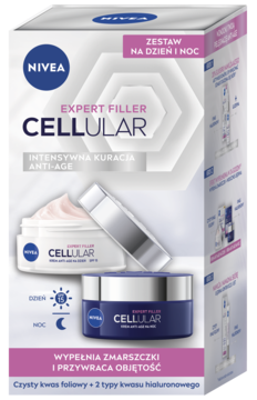 NIVEA Cellular Expert Filler zestaw kremów anti-age na dzień i noc, biało-fioletowe pudełko, widok z przodu.