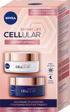 Nivea Cellular Expert Lift zestaw kremów na dzień i noc, z bakuchiolem i kwasem hialuronowym, widok z przodu opakowania.