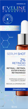 Eveline Cosmetics Serum Shot 2% Retinoid, niebiesko-białe opakowanie, widoczna brązowa butelka z pipetą, z przodu.