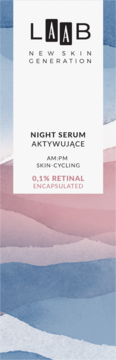 Opakowanie serum do twarzy LAAB z 0,1% retinalem, biała etykieta z czarnymi i różowymi napisami, widok z przodu.