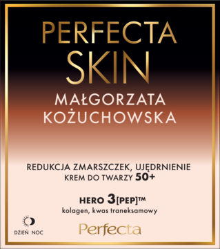 Perfecta Skin 50+ krem ujędrniający przeciwzmarszczkowy z kolagenem i kwasem traneksamowym, widok z przodu opakowania.