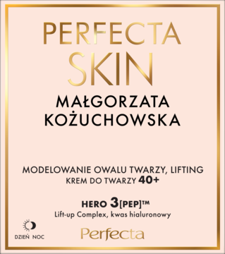 Krem Perfecta Skin Małgorzata Kożuchowska, liftingujący 40+ z kompleksem Hero 3 [PEP]™. Widok etykiety.