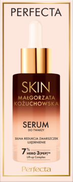 Perfecta serum ujędrniające do twarzy, butelka z brązowym gradientem i złotym aplikatorem, widok z przodu.