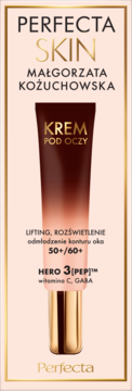 Perfecta SKIN liftingujący krem pod oczy 50+/60+ z witaminą C, GABA, jasnoróżowe opakowanie, przód.