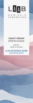 Etykieta nocnego serum LAAB Eksfoliujące z 0,1% Glycolic Acid na pastelowym tle akwarelowym.