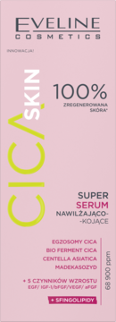 Eveline CICAskin Super Serum nawilżająco-kojące, różowe opakowanie, widok z przodu, tekst: 100% zregenerowana skóra.