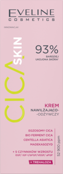 Eveline CICA Skin nawilżająco-odżywczy krem, różowy karton z dużym zielonym napisem CICA, przód opakowania.