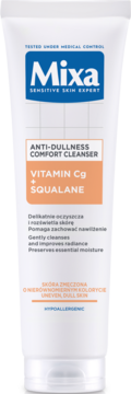Biały żel oczyszczający Mixa Anti-Dullness Comfort Cleanser, w tubie, z witaminą Cg i skwalanem, widok z przodu.