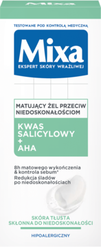 Mixa matujący żel przeciw niedoskonałościom z kwasem salicylowym i AHA, białe pudełko, widok z przodu.