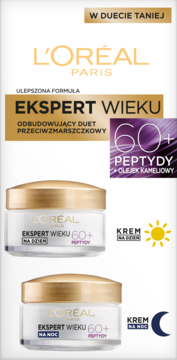 Zestaw 2 kremów L'Or'eal Ekspert Wieku 60+ na dzień i na noc, odbudowujące z peptydami i olejkiem kameliowym.
