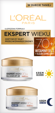 Dwa kremy L'Oréal Ekspert Wieku 70+ przeciwzmarszczkowe: dzienny i nocny, w białych słoiczkach ze złotymi wieczkami.