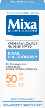 Mixa krem nawilżający na dzień SPF 50 z kwasem hialuronowym, białe pudełko, widok z przodu.