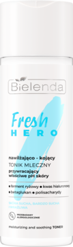 Bielenda Fresh HERO nawilżający tonik mleczny do skóry suchej, biała butelka z niebieskim napisem, widok z przodu.