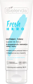 Bielenda Fresh Hero nawilżająco-kojący olejek w żelu, biała tuba z niebieską grafiką i logo, widok z przodu.