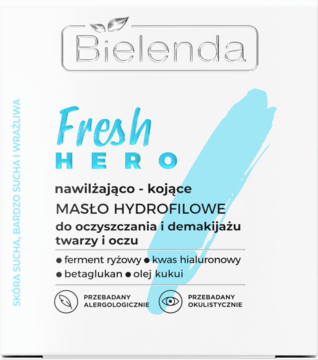 Bielenda Fresh Hero masło hydrofilowe, białe opakowanie, front, do demakijażu, dla skóry suchej i wrażliwej.