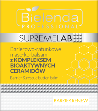 Żółto-srebrne opakowanie masełka-balsamu Bielenda SupremeLab Barrier Renew z ceramidami, widok z przodu.