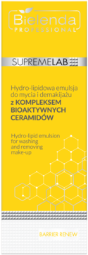 Bielenda SupremeLab hydro-lipidowa emulsja do mycia i demakijażu z ceramidami, żółto-srebrne opakowanie, przód.