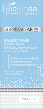Bielenda SUPREMELAB Double Power Hydro Shot, dwufazowy hydro-koncentrat, niebieskie opakowanie, widok z przodu.