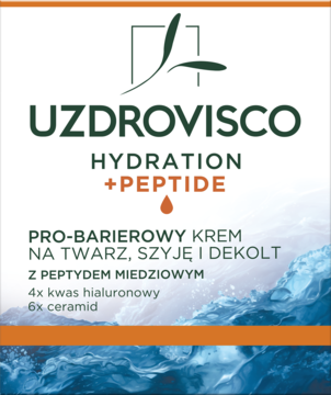 Białe opakowanie kremu UZDROVISCO Pro-barierowy z peptydem miedziowym, 4x kwas hialuronowy, widok z przodu.
