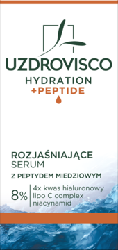 Uzdrovisco rozjaśniające serum z peptydem miedziowym, 4x HA, niacynamidem. Białe opakowanie, widok z przodu.