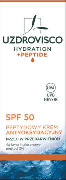 Uzdrovisco SPF 50 peptydowy krem na przebarwienia, białe opakowanie z pomarańczowymi elementami, widok z przodu.