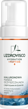 Uzdrovisco Hialuronowa Pianka Oczyszczająca z peptydami ryżowymi, biała butelka z pompką, widok z przodu.