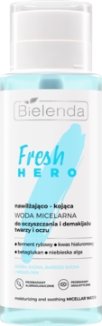 Bielenda Fresh Hero nawilżająco-kojąca woda micelarna do suchej skóry. Biała butelka z niebieskim płynem, widok z przodu.
