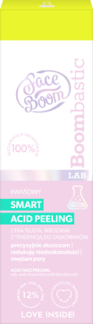 Face Boom Smart Acid Peeling, 12% kwasowy, w biało-różowym pudełku z żółtą górą, widok z przodu.