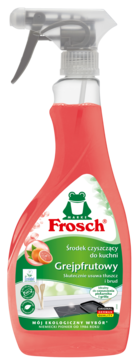 Różowy spray Frosch Grejpfrutowy do kuchni, skutecznie usuwający tłuszcz i brud, z logo żaby, widok z przodu.