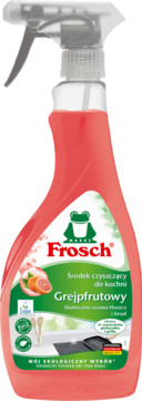 Ekologiczny Frosch Grejpfrutowy środek do kuchni, różowa butelka spray z zieloną etykietą, widok z przodu.