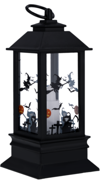 Czarny Halloweenowy lampion z sylwetkami wiedźm, kostucha, nietoperzy, widok z boku, z podświetlaną świecą LED.