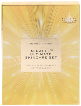Zestaw Revolution PRO Miracle Ultimate Skincare w złotym pudełku z napisem 'FULL SIZE PRODUCTS', widok z przodu.
