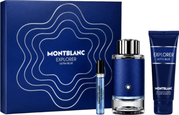 Zestaw Montblanc Explorer Ultra Blue: perfumy, miniatura i żel w granatowych opakowaniach, widok z przodu.