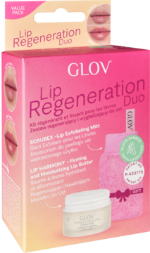 Różowy zestaw GLOV Lip Regeneration Duo z rękawicą peelingującą i masełkiem do ust, widok z przodu.