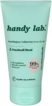 Miętowa tubka kremu do rąk handy lab. Patchouli Mood, nawilżający, z 99% naturalnych składników.