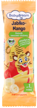 Batonik owocowo-zbożowy Babydream jabłko-mango, opakowanie z tygryskiem i owocami, od 1. roku, widok z przodu.