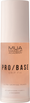 MUA PRO/BASE Grip Fix primer z witaminą C i niacynamidem, beżowo-brzoskwiniowa butelka, widok z przodu.