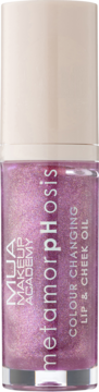 MUA MetamorpHosis Colour Changing Lip & Cheek Oil, shimmering light purple liquid in a clear bottle, front view.