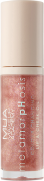 MUA Metamorphosis Colour Changing Lip & Cheek Oil, przezroczysta butelka z beżową zakrętką, różowo-złoty płyn.