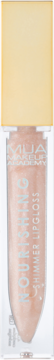 Złoto-brzoskwiniowy błyszczyk MUA Nourishing Shimmer Lipgloss, przezroczysta tubka, widok z przodu.