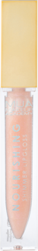 MUA Nourishing Shimmer Lipgloss w odcieniu IRL, przezroczysty tubka z brzoskwiniowym płynem, złotą zakrętką, widok z przodu.