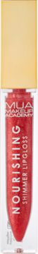 MUA Nourishing Shimmer Lipgloss w odcieniu Metaversal Coral, czerwony, brokatowy błyszczyk z złotą nakrętką, widok z przodu.